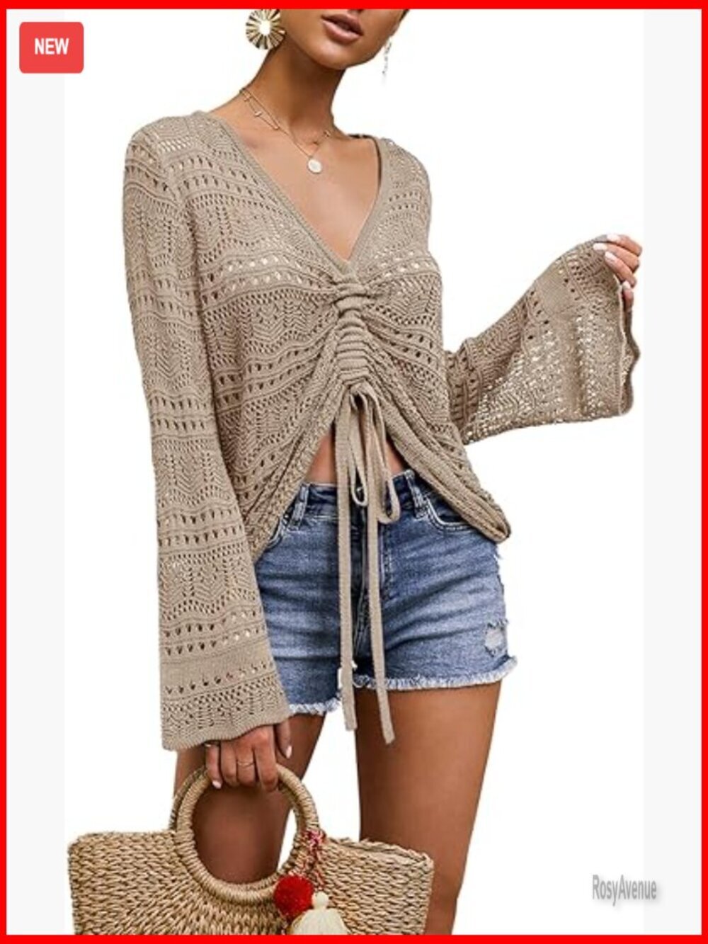 Off Shoulder Sheer Crop Top Bell Sleeve Flowy Knit Pullover Sweater